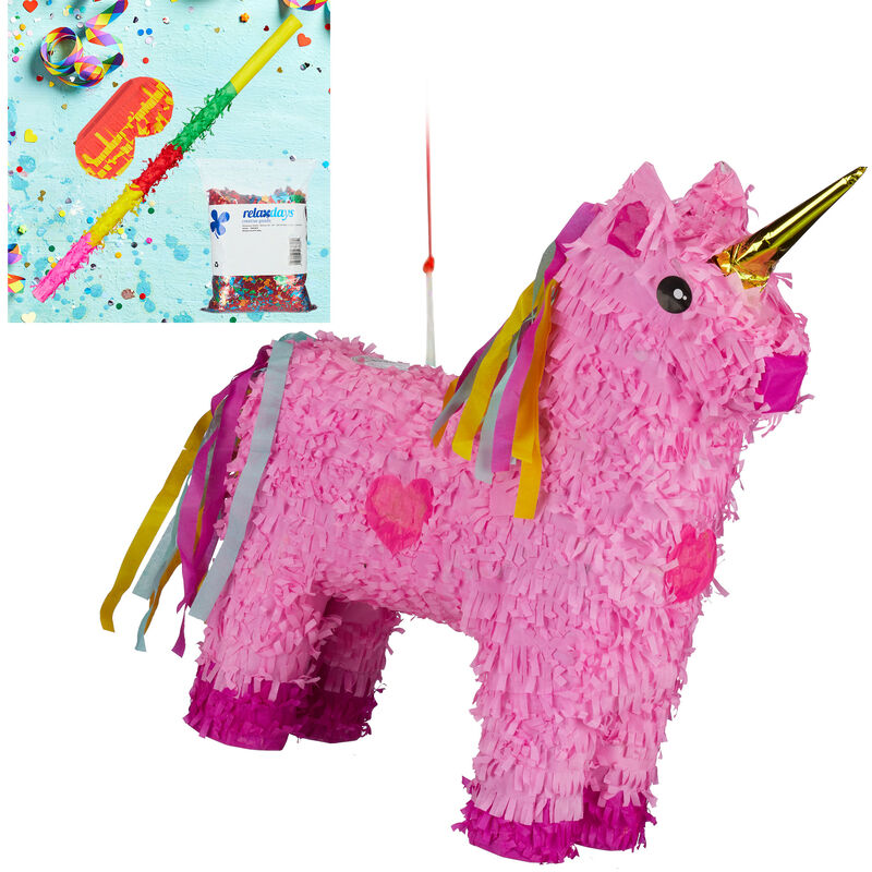 Relaxdays - 4-piece Set Pinata Pink Unicorn, incl. Stick & Eye Mask, & Confetti, to Fill with Candies, Hanging, Colourful