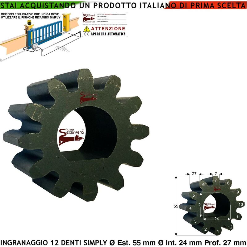 Image of Securvera - Pignone Adatto Alla Cremagliera Universale M4 Ricambio Motore Cancello Scorrevole Acciaio Ingranaggio Esterno 12 Denti Z12 Simply 48