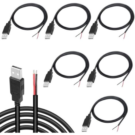 Pigtail Lot de 6 câbl USB 2.0 à 2 fils, fil nu à 2 broches avec extrémité ouverte, câble alimentation de 0,3 m