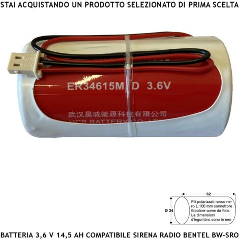 Pila litio ER34615M 3,6 V 14 Ah Batteria Non Ricaricabile Ricambio Compatibile Sirena Bentel Tecnoallarm Connettore Polarizzato Dimensioni L62XØ34 mm Peso 112 gr Pronta all'Uso Direttiva ISO 9001