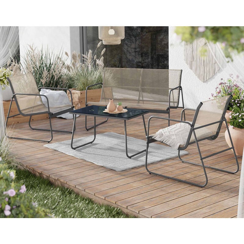 Pilar - salon bas de jardin 4 places - métal et résine tressée - gris / marron