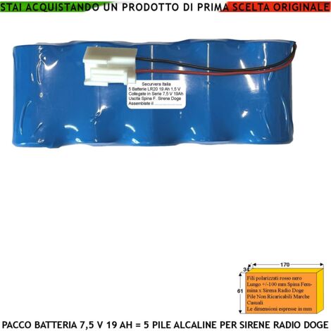 Pile Alcaline Non Ricaricabili Pacco 5 LR20 in Batteria 7,5 V 19 Ah Ricambio Sirena Radio Doge Alimentazione Antifurto Wireless Marca Colore e Termorestringente Occasionale Dimensioni L165XS34XH63 mm
