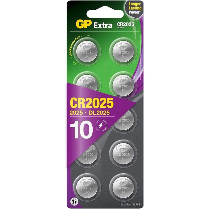 GP - Piles CR2025 Lot de 10 - Batteries cr 2025 Lithium 3V Extra