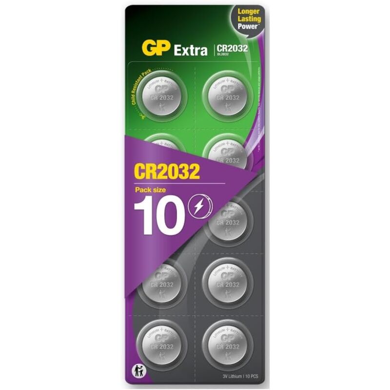 GP - Piles CR2032 Lot de 10 - Batteries cr 2032 Lithium 3V Extra