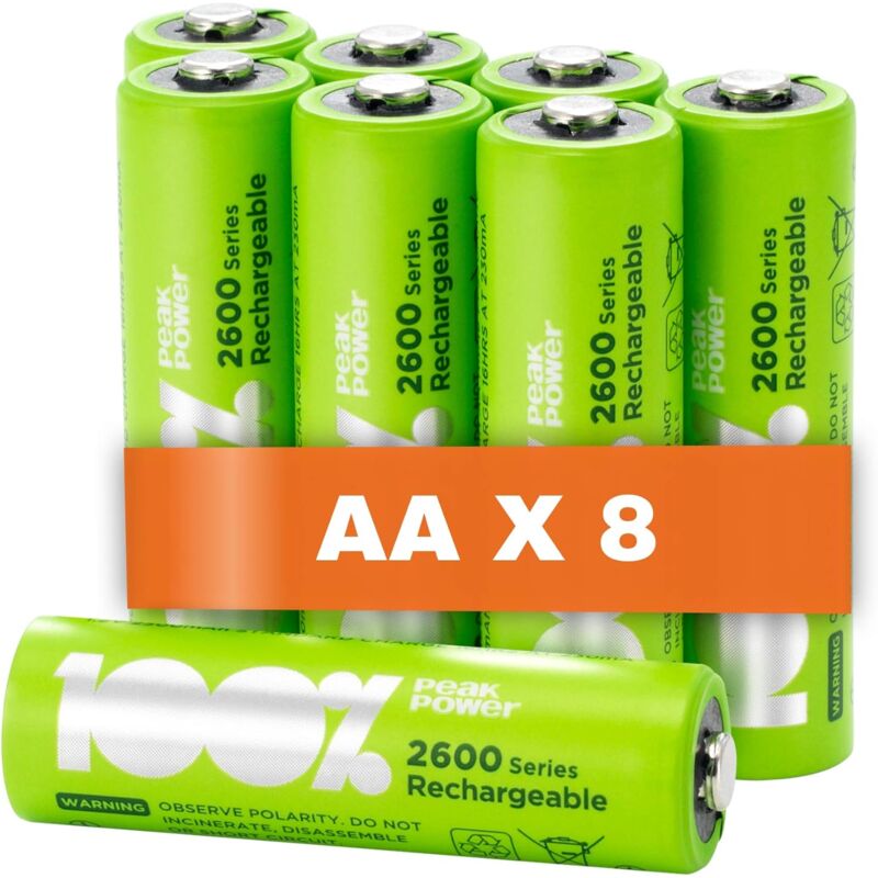100%peakpower - Piles rechargeables aa Lot de 8 - Batteries 1,2V - 100%Peakpower