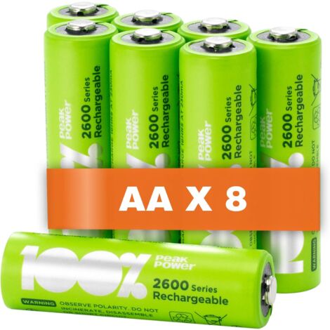 Piles rechargeables AA Lot de 8 - Batteries 1,2V - 100%Peakpower