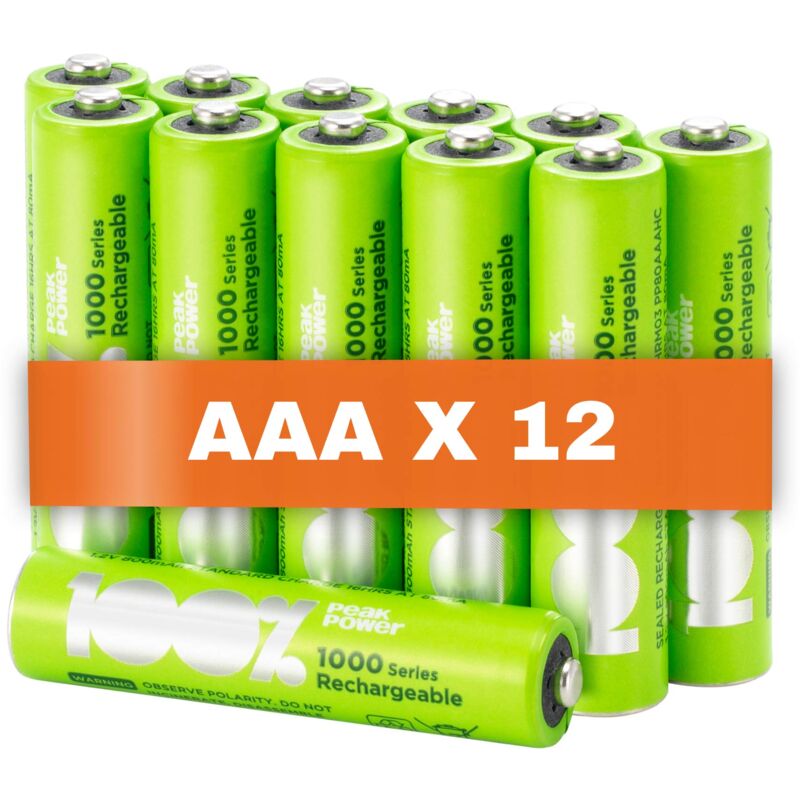 Piles rechargeables AAA Lot de 12- Batteries 1,2V - 100%Peakpower