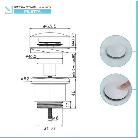 Piletta di scarico click clack universale bianco lucido con e senza troppopieno
