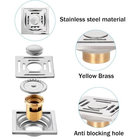 Piletta di scarico quadrata, in acciaio inox antiodore con filtrazione a doppio strato e coperchio rimovibile, ideale per bagno, doccia, WC, lavanderia e giardino - 10×10 cm