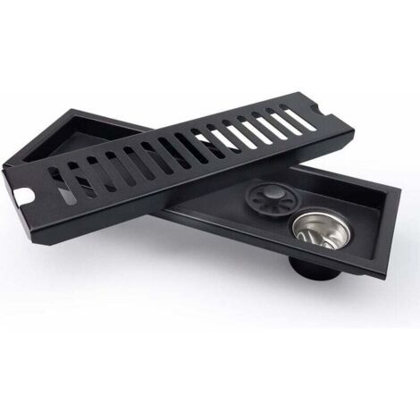 Piletta di scarico rettangolare nera, scarico per doccia 30 x 10 cm, scarico per pavimento nero con griglia in acciaio inox, adatta per WC, bagno, cucina, balcone