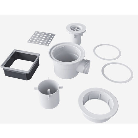 Piletta Sifone Adattabile a Aica Piatto Doccia Piastrellabile con Diametro 90 mm Griglia Quadrata 95x95 mm e Tubo Flessibile