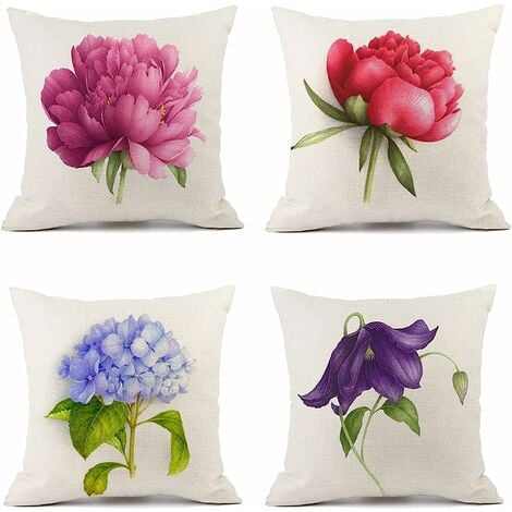 Pillow Cases Set of 4 Outdoor Linen Cushion Covers with Flowers Pattern Decoration for Bedroom, Living Room, Sofa, Balcony Couch, Garden, 45x45 cm