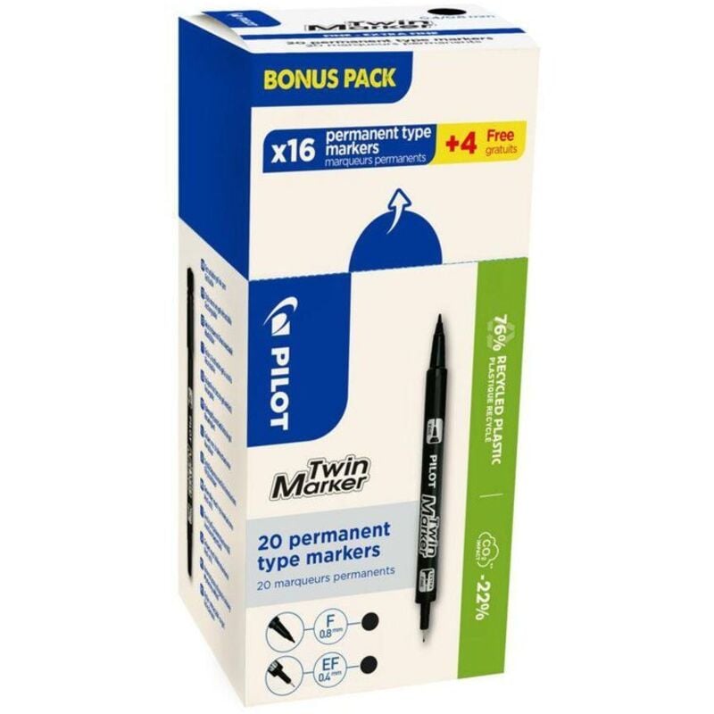 Pilot Twin Marker Fine/Extra Fine Black - Pack of 20
