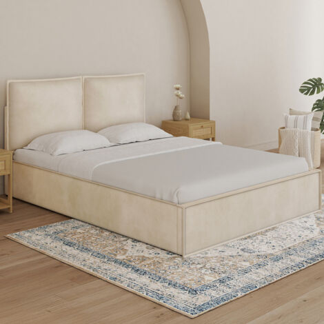 PILOU cama de matrimonio con cabecero, almohada y somier 140 x 190 cm terciopelo beige