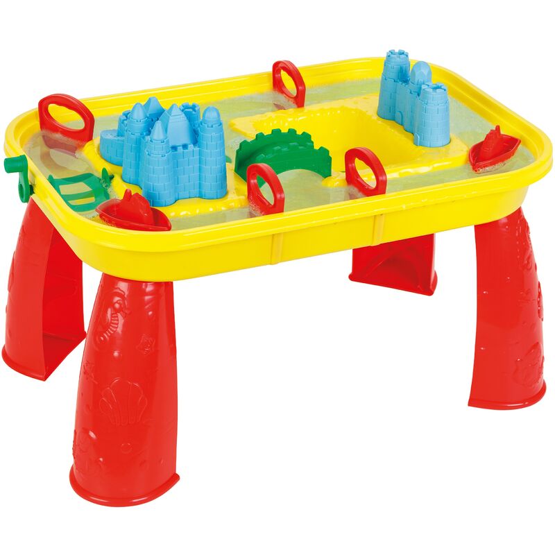 Pilsan - Table de sable et d'eau, Jaune et Rouge, Table Jeu d'Eau Construction Robuste a partir de 3 ans Comprend 9 Accessoires Facile à assembler