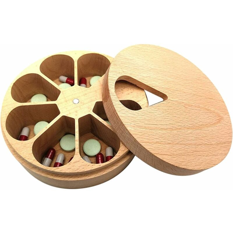 Fei Yu - Pilulier 7 jours Boîte à pilules ronde en bois Boîte à médicaments Distributeur hebdomadaire Boîte de rangement polyvalente 7 jours avec 7