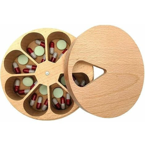 ENSOLEILLE Pilulier Journalier en Bois 7 Jours - Pilulier Semainier,Petit Tour Boîte À Pilules Medicaments Vitamines Conteneur ,Pilulier Distributeur de Pilules Médicaments pour Voyager