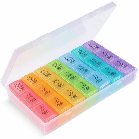 Pilulier Semainier Français 7 Jours 21 Compartiments 3 Fois Multicolores Pilulier Hebdomadaire Boîte à Medicaments, Ensoleillé