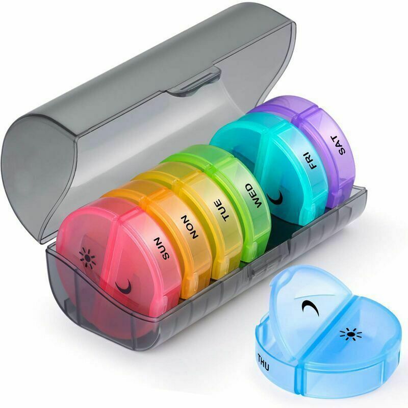 ZVD - Pilulier Semainier Francais - Rond 7 Jours 14 Compartiments - Pillbox Multicolores - Matin et Soir