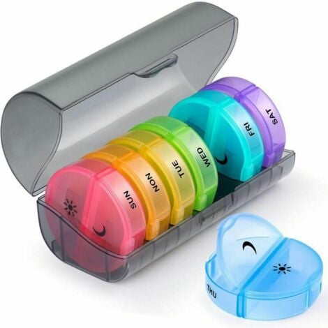 Pilulier Semainier Francais - Rond 7 Jours 14 Compartiments - Pillbox Multicolores - Matin et Soir