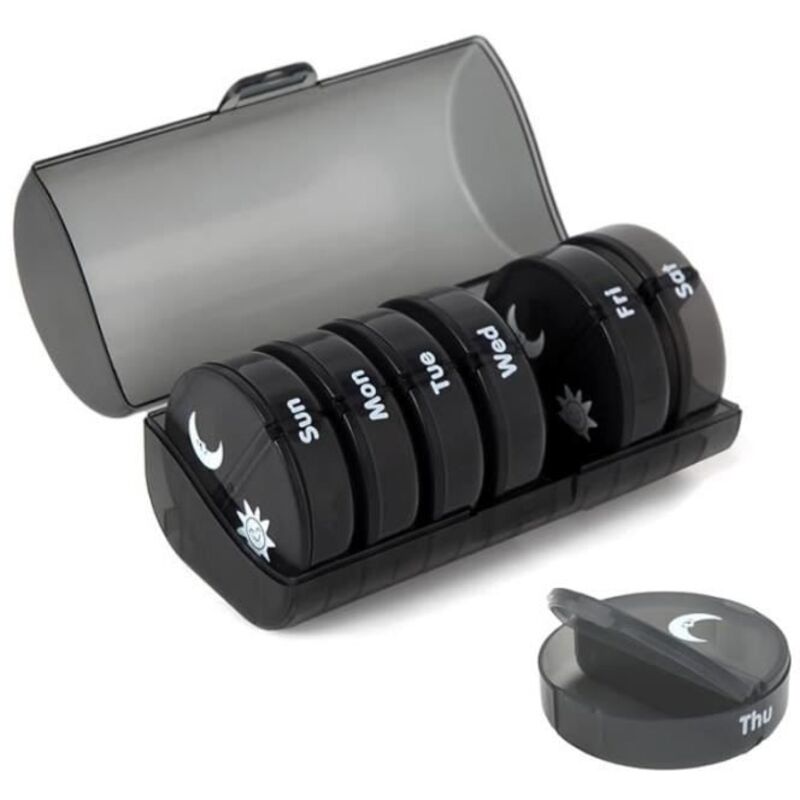 Pilulier Semainier,Pilulier Rond 7 Jours 14 Compartiments Pilulier Hebdomadaire,2 Fois Par Jour Medication Dispenser black