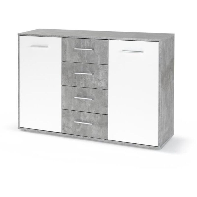 Les Tendances - pilvi Buffet bas 2 portes 4 tiroirs - Blanc et beton gris clair - l 122,6 x p 34,2 h 88,1 cm