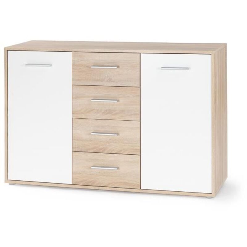 PILVI Buffet bas 2 portes 4 tiroirs - Blanc et chene sonoma - L 122,6 x P 34,2 H 88,1 cm