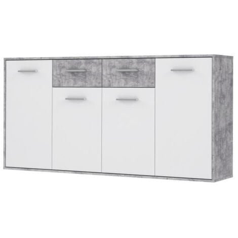 PILVI Buffet bas 4 portes 4 tiroirs - Blanc et beton gris clair - L 162,3 x P 34,2 x H 88,1 cm