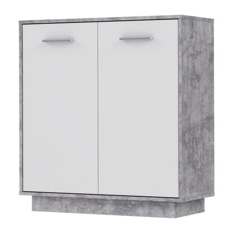 PILVI Meuble de rangement 2 portes - Blanc et beton gris clair - L 82,9 x P 34,2 x H 88,1 cm