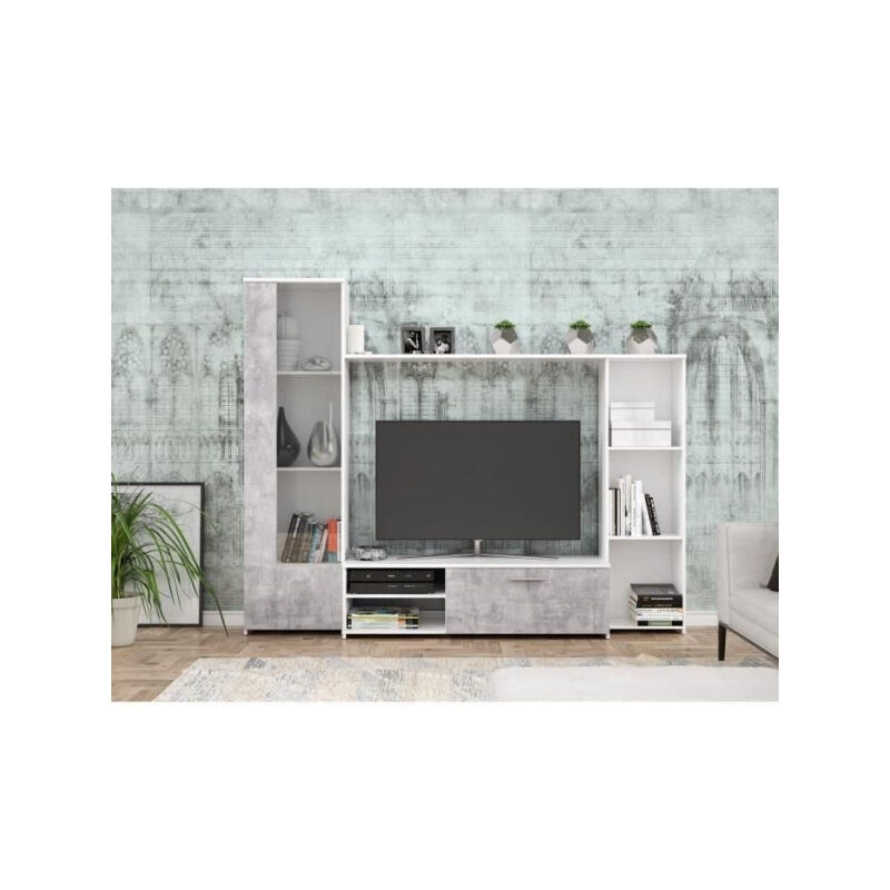 Les Tendances - Meuble tv paroi murale - Blanc mat et béton clair - porte vitrée + 5 niches - Contemporain - l 220,4 x P41,3 x H177,5 cm - pil