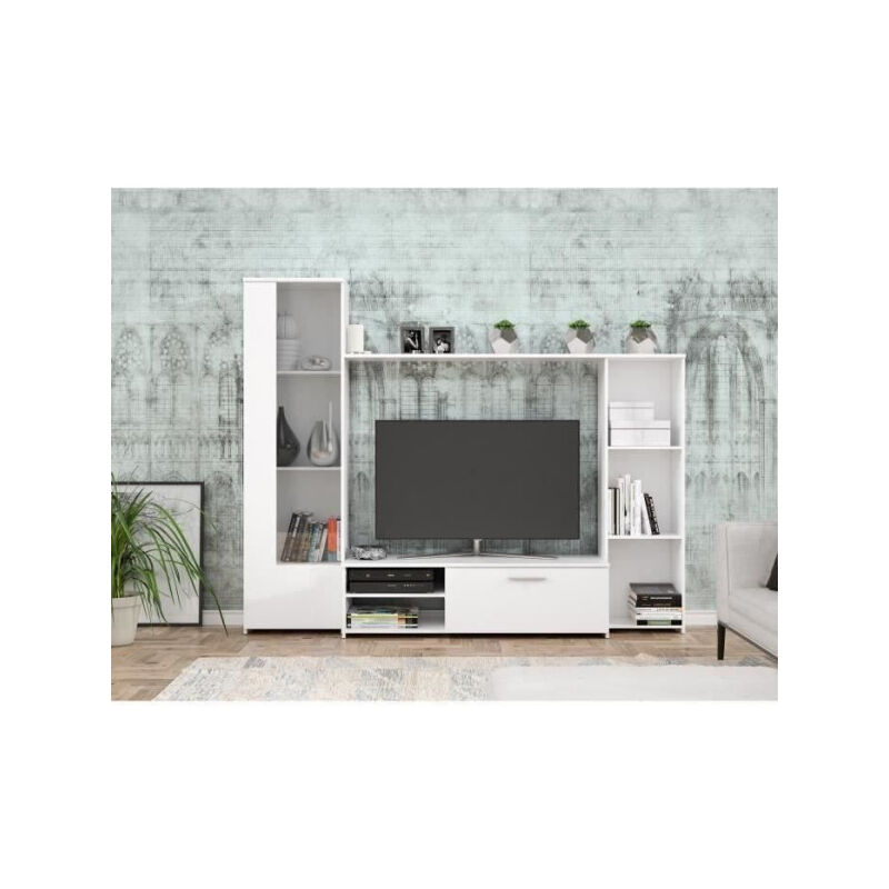 Meuble TV paroi PILVI - Particules mélaminé -Décor blanc mat - porte vitrée + 1 abattant + 5 niches - L220 x P41 x H177,5 cm