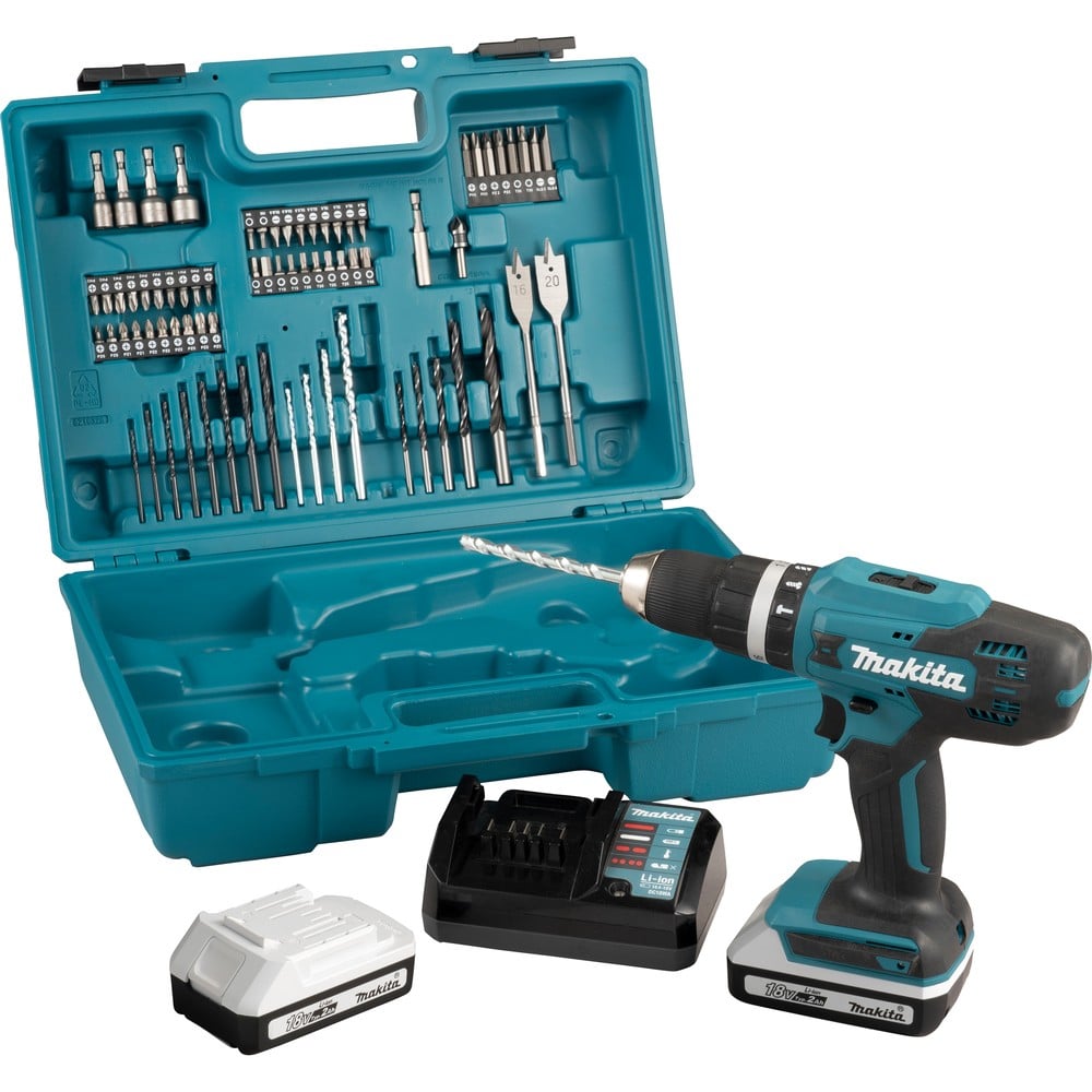Perceuse Visseuse à Percussion Makita 18v 1 5ah Kit D accessoires Hp457dwe10 Perceuse visseuse à percussion 18V 42 Nm MAKITA 2 batt.BL1820G + chargeur + 74 pièces - HP488DAEX1