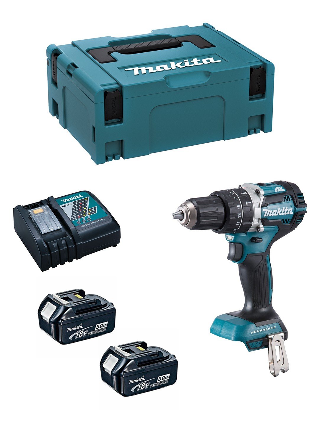 Perceuse Visseuse à Percussion Makita 18v 1 5ah Kit D accessoires Hp457dwe10 Perceuse à percussion Brushless 18V MAKITA + 2 batteries Li-Ion 5Ah + chargeur + coffret Makpac - DHP484RTJ