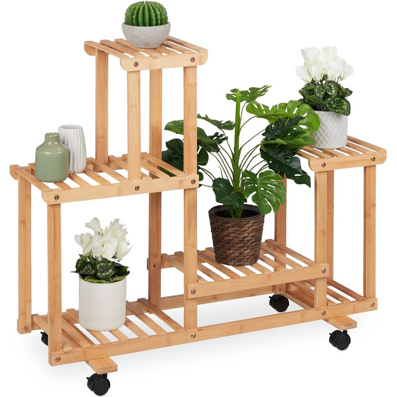 Relaxdays Pflanzenregal, Blumenständer mit 6 Ablagen, Bambus, HxBxT 79 x 95 x 36 cm, rollbar, Blumenregal innen, natur
