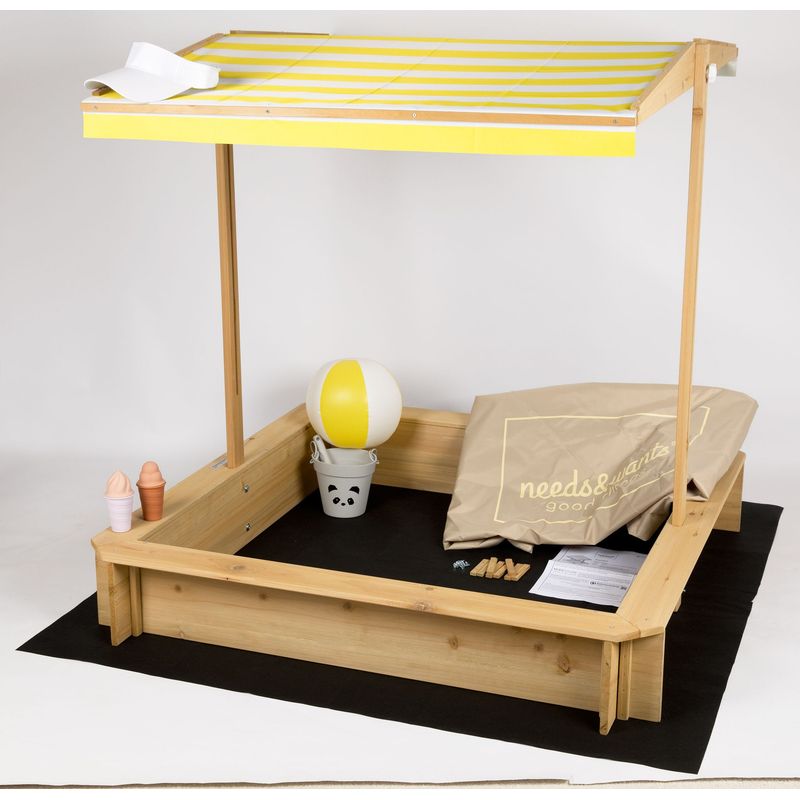 needs&wants® Bac à sable en bois avec couvercle plastique OXFORD 600D pour enfants, avec toit refermable, siège, sol, carré, UV-protection, rectangulaire extérieur, pour jardin et jeux, jaune blanc