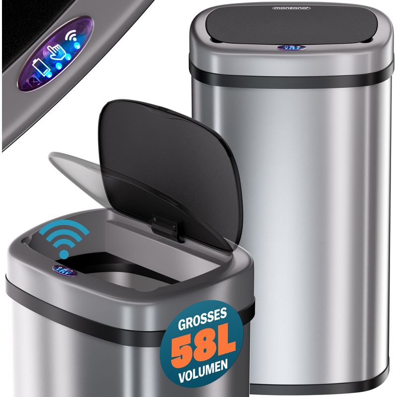 MONZANA® Sensor Mülleimer Küche 58 L Automatik mit Bewegungssensor Soft-Close-Deckel Wasserdicht USB-Kabel Smarter Abfalleimer Müllbehälter