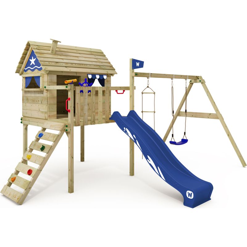 WICKEY Aire De Jeux Smart Savana – Portique En Bois Avec Balançoire, Toboggan, Bac à Sable, Tour D'escalade – Jardin, 317x431x272 Cm