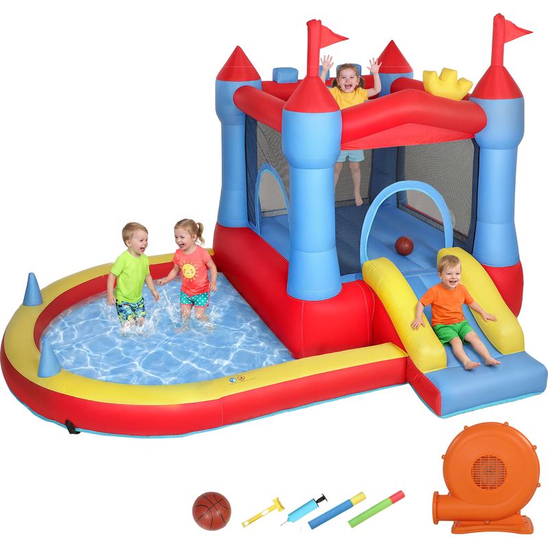 GOPLUS Château Gonflable pour Enfants avec Souffleur,Aire de Jeux avec Toboggan Panier de Basket 100 Balles,pour Enfants 3-10 Ans pas cher GOPLUS Château Gonflable pour Enfants avec Souffleur,Aire de Jeux avec Toboggan Panier de Basket 100 Balles,pour Enfants 3-10 Ans pas cher
