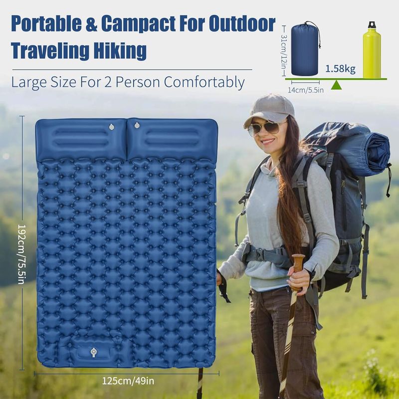 Matelas Gonflable Camping 1 Place – Auto-gonflant Avec Pompe à Pied, 200x65x12 Cm, Oreiller Intégré