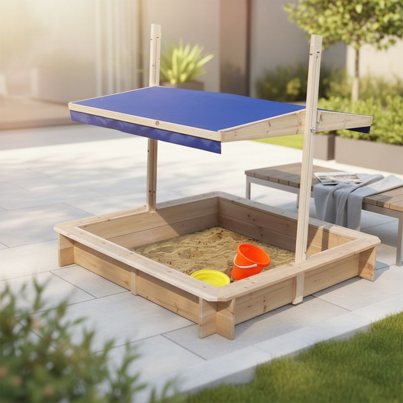 Bac à Sable 120x120 Cm Avec Banc Et Toit - En Bois Naturel Certifié FSC - Bâche De Protection Incluse - Idéal Pour Le Jardin Des Petits