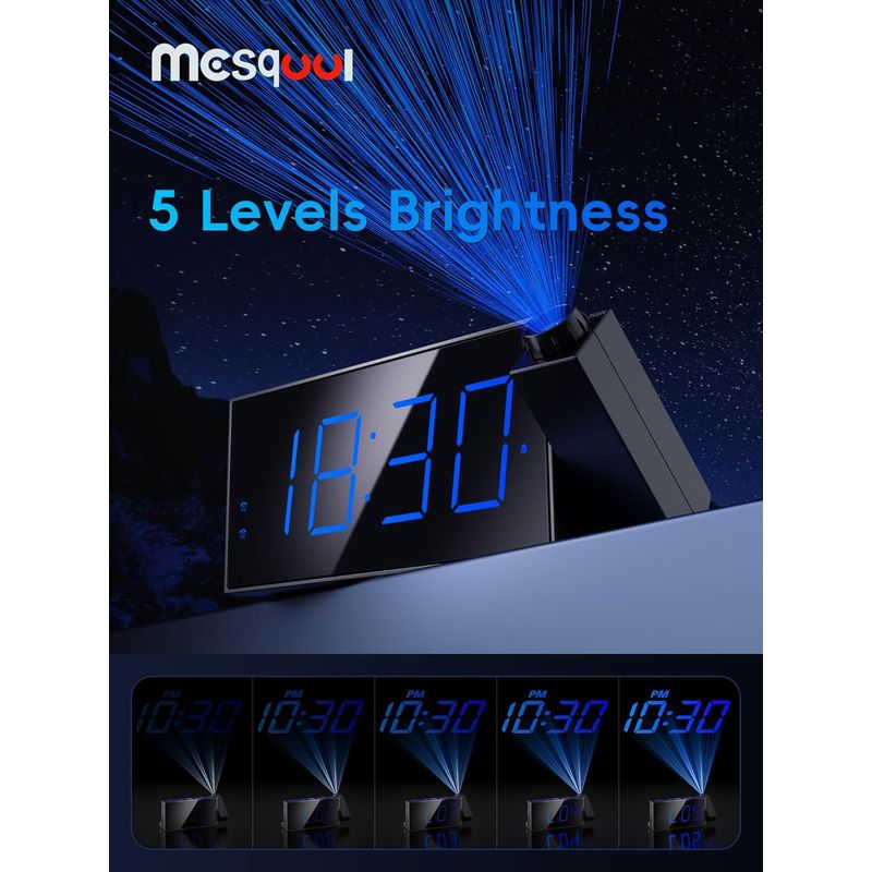 Sveglia Con Proiezione LED Da 8 Pollici – Doppio Allarme, Radio FM, Proiezione Orientabile 180°, 4 Livelli Di Luminosità, Batteria Di Backup, Ricarica USB Per Smartphone