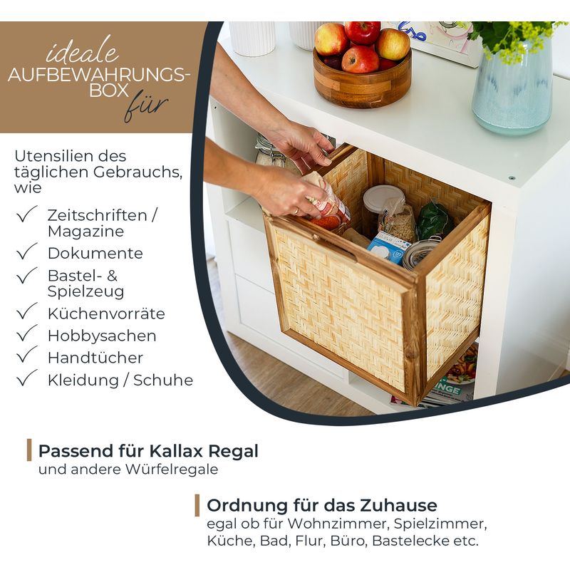 HMF Aufbewahrungskorb für Kallax Regale, Korb aus Rattan mit Wiener Geflecht und Akazienholz, Muster 1, 32x34x32 cm