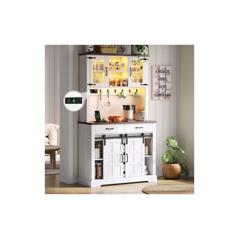 Meuble de cuisine, buffet, vaisselier avec prise électrique et éclairage LED, plan de travail, 6 tiroirs, étagères réglables, crochets, 180 × 108 × 40 cm, blanc Meuble de cuisine, buffet, vaisselier avec prise électrique et éclairage LED, plan de travail, 6 tiroirs, étagères réglables, crochets, 180 × 108 × 40 cm, blanc