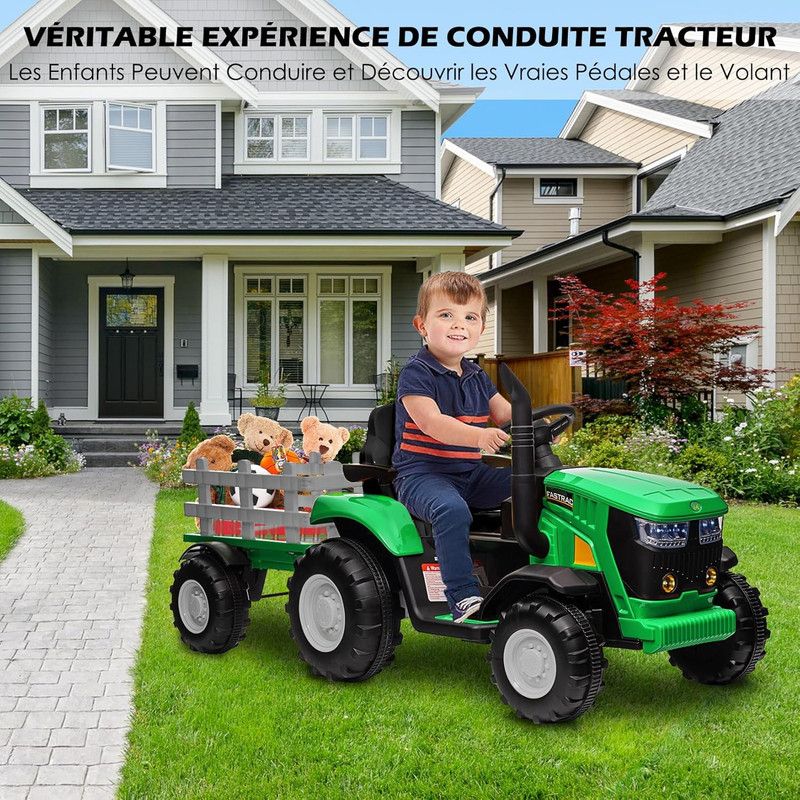 Tracteur électrique Enfant Avec Remorque – Double Moteur 35W, 12V 4.5Ah – Télécommande Parentale, LED, Musique, USB – 3 Vitesses – Dès 3-8 Ans – Rouge