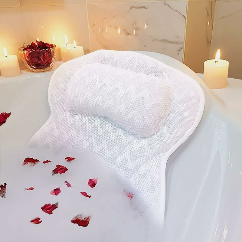 Coussin de bain pour baignoire - Soutien du cou et du dos - Confortable - Appui-tête pour trempage, spa, accessoires de bain - Ventouses antidérapantes puissantes - Appui-tête imperméable - Blanc
