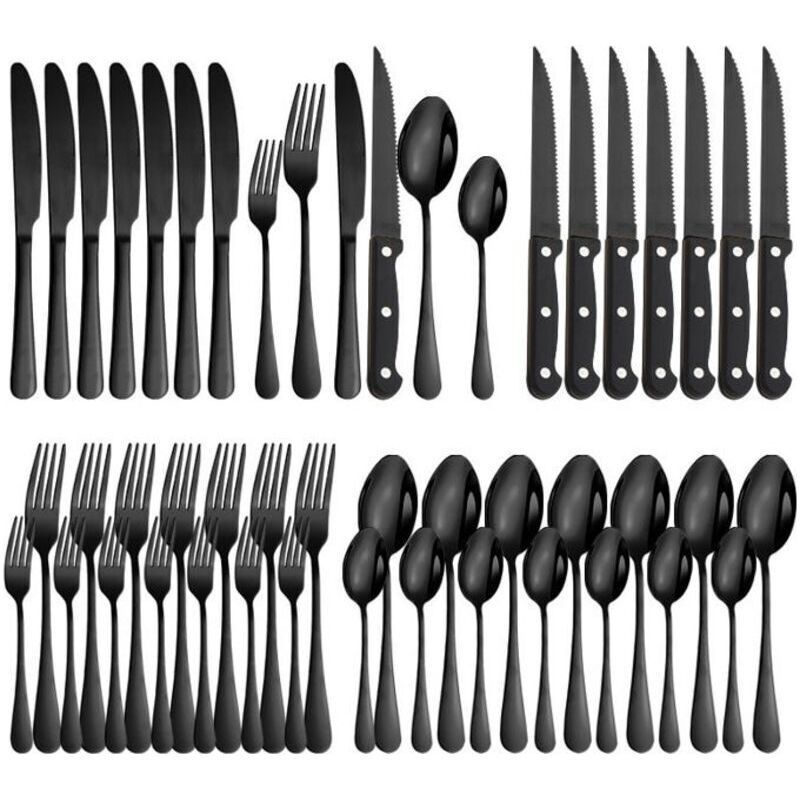 Schwarz) 48-teiliges Besteckset, Service für 8 Personen, hochglanzpolierter Edelstahl, mit Steakmesser, Schwarz