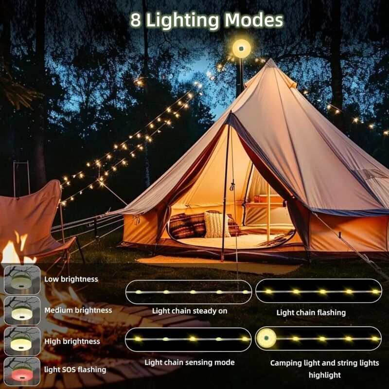 10 m lange, einziehbare Lichterkette, solar- und USB-aufladbar, LED-Camping- Lichterkette mit 8 Beleuchtungsmodi, Fernbedienung, wasserdichte Outdoor-Beleuchtung für Zelt, Garten, Party und Trekking