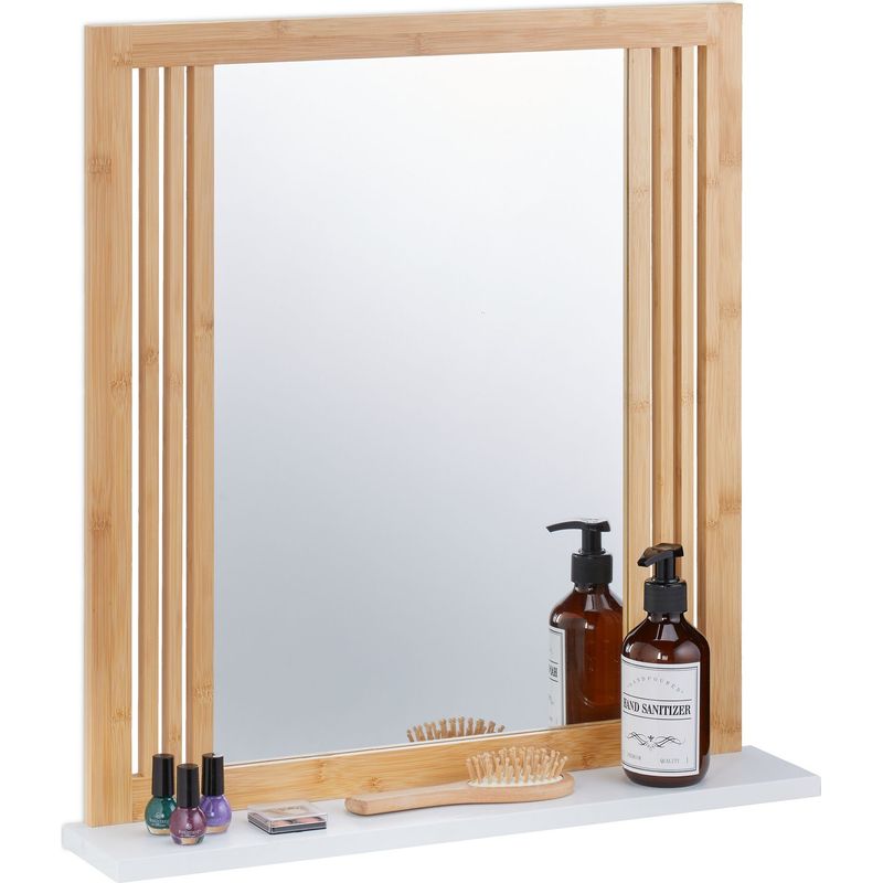 Miroir mural tablette Glace décorative rectangulaire, chambre, salle de bains, bambou, HLP 68x56x10 cm, blanc, Relaxdays | Leroy Merlin