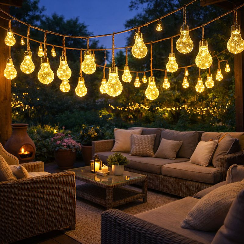 LED Solar Lichterkette Aussen 10x Glühbirnen Lichterkette Außen Solar Balkon Deko, Hanfseil, LED 3 Watt warmweiß, L 570 cm, Garten, 2er Set