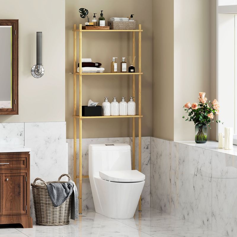 Homykic Étagère de salle de bain en bambou à 3 niveaux avec 3 crochets, support autoportant pour petit espace, toilettes, buanderie, assemblage facile, rose + blanc